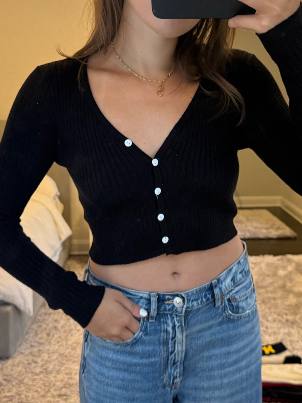 Black Ribbed V-Neck Cropped Cardigan - Women's Top